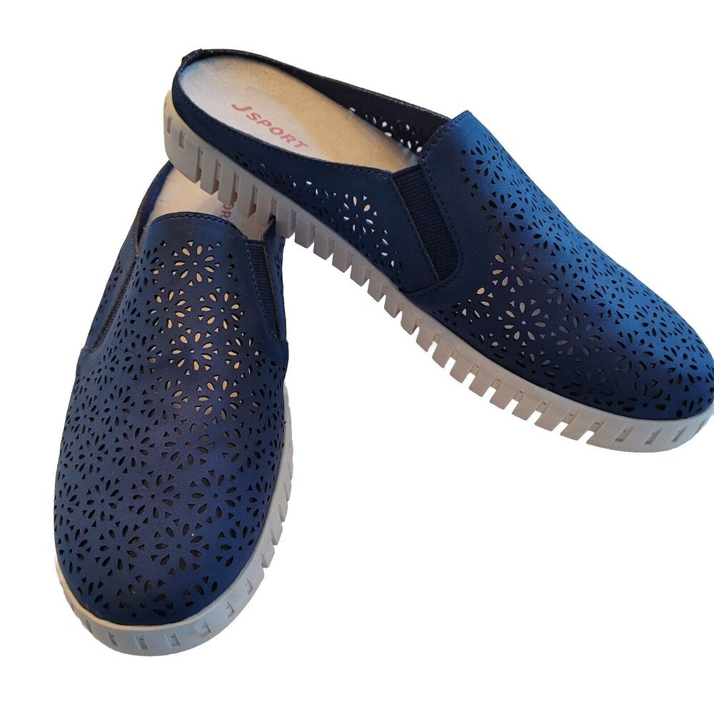 J Sport Shoe Floral Mule  Blue Faux Leather Casual Slip On Comfort Womens 8 M
